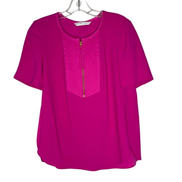 Trina Turk Pink Zipper Detail Blouse Short Sleeve Women's Medium - Picture 1 of 10